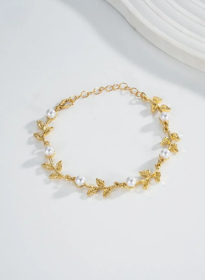 تايك تو عقد متدلي بلؤلؤ صناعي وورقة شجر ذهبية